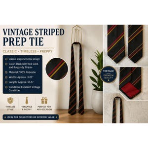 May include: A black necktie featuring diagonal stripes in red, gold, and burgundy. The tie is 3.25 inches wide and 55.5 inches long. The text on the image reads VINTAGE STRIPED PREP TIE, CLASSIC, TIMELESS, PREPPY, VINTAGE PREMIUM QUALITY, and other details.