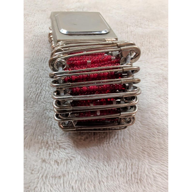 Monji USA Quartz Watch Red Dial Safety Pin Beaded Elastic Stretch Band Punk Sty image 4