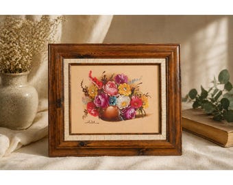 Dipinto ad olio floreale vintage firmato Hill, natura morta incorniciata con rose e margherite.