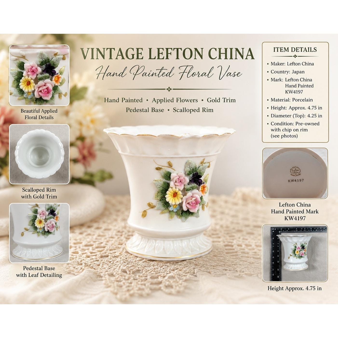 Lefton China Vintage Floral Porcelain Vase KW4197 Hand Painted