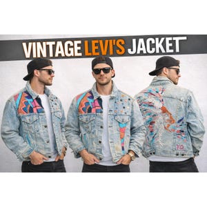 Chaqueta vaquera Levi's vintage pintada a mano con tachuelas y efecto desgastado, fabricada en EE. UU.