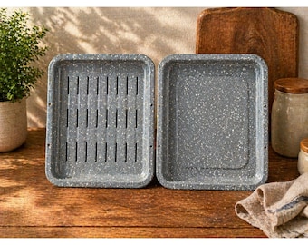 Vintage Grey Speckled Enamelware Roasting Pan Graniteware Baking Tray 15x12