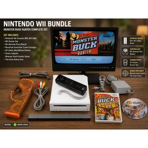 Könnte beinhalten: Ein Nintendo Wii-Bundle, "Monster Buck Hunter Complete Set." Es enthält eine weiße Wii-Konsole, eine schwarze Wii Remote Plus, einen orangefarbenen Camouflage-Nunchuk-Controller und die Spiel-Disc. Der Fernsehbildschirm zeigt den Titel des Spiels.