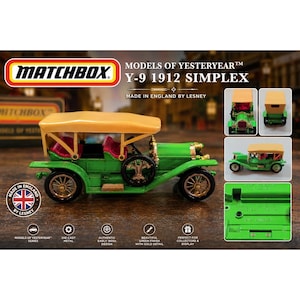May include: A Matchbox Models of Yesteryear Y-9 1912 Simplex die-cast toy car featuring a bright green body, a tan roof, red interior seating, and gold-colored wheels. The vehicle includes detailed trim and is marked Made in England by Lesney.