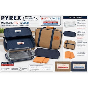 May include: A Pyrex Portables Microcore hot and cold thermal casserole carrier set including a 3-quart glass baking dish, a dark blue plastic cover, a tan and blue insulated carrier, and two orange cloths. The set features hot and cold thermal pockets.