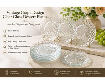 Vintage Clear Glass Dessert Plates Set of 8 Embossed Grape Leaf Design 6.25 in