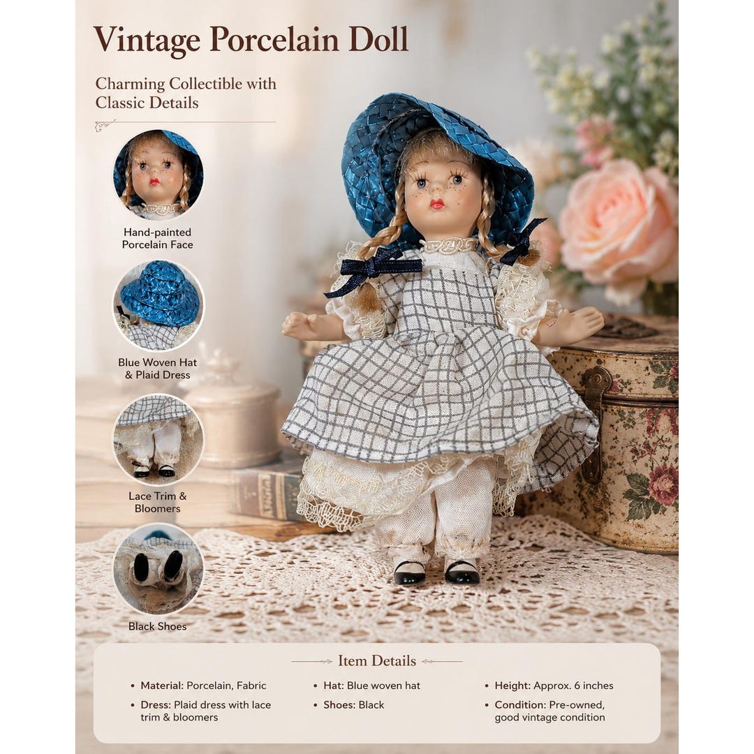 アンティークドール Vintage Miniature Porcelain Doll Blonde Pigtails Blue Bonnet