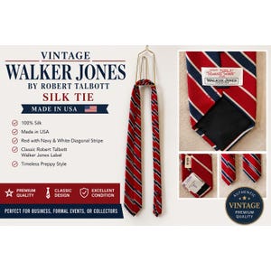 May include: A red silk necktie featuring navy blue and white diagonal stripes. The tie includes a label that reads Hand Sewn by Robert Talbott for Walker Jones Houston. The design consists of a repeating pattern of thin navy and white lines.