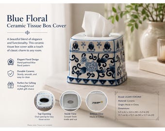 Lillian Vernon Blau Weißes Porzellan Tissue Box Cover Chinoiserie Floral Square