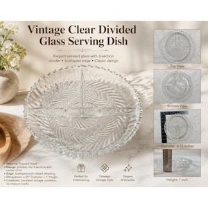 Peut inclure: Plat de service vintage en verre transparent divisé. Le plat en verre pressé élégant a un séparateur à 3 sections et un bord festonné. Le diamètre est de 16 cm et la hauteur est de 2,5 cm. Le plat est en excellent état vintage.