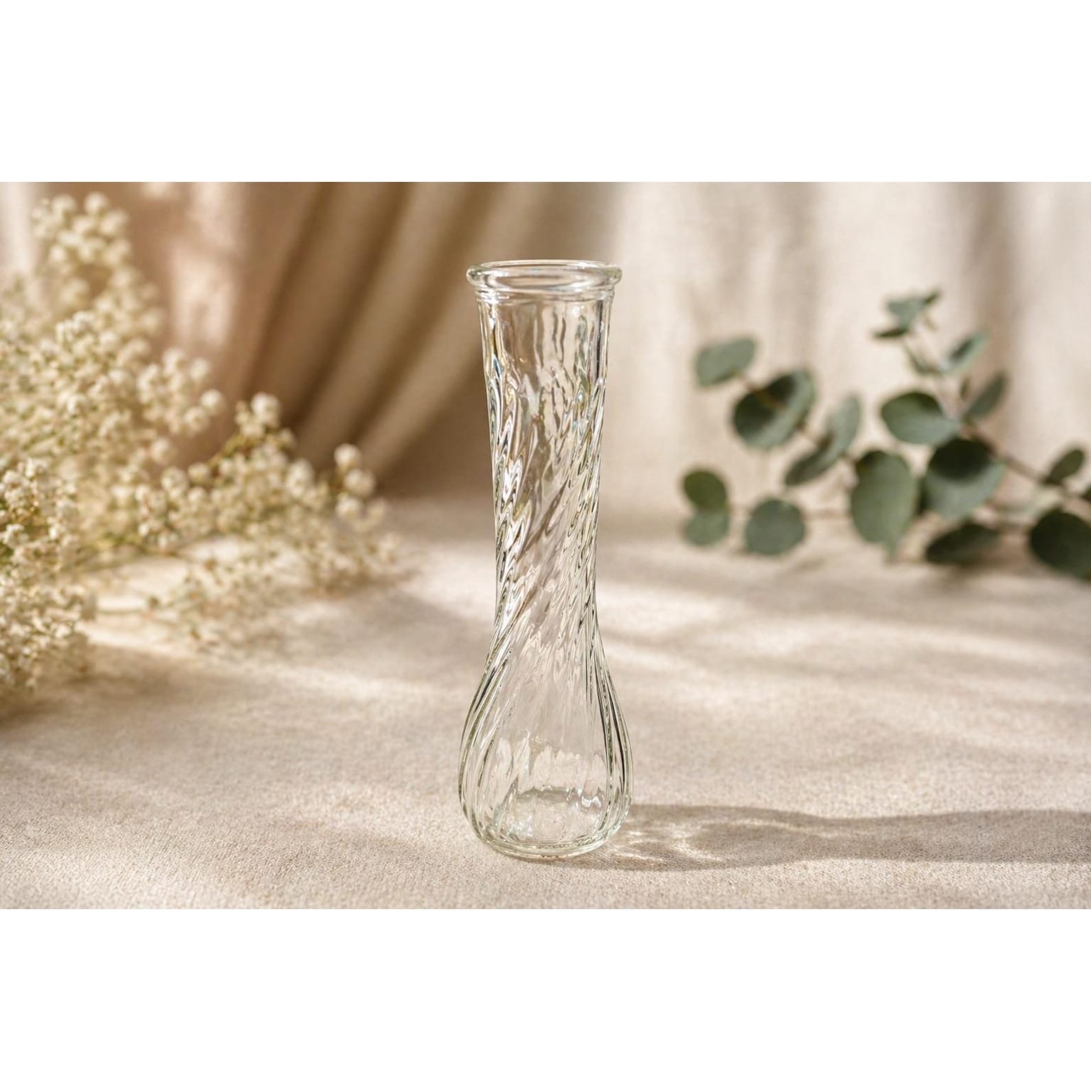 Vintage Clear Glass Spiral Bud Vase Ribbed Swirl Design 9 Inch Tall Home Decor
