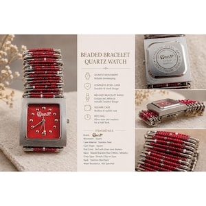 Monji USA Quartz Watch Red Dial Safety Pin Beaded Elastic Stretch Band Punk Sty image 1