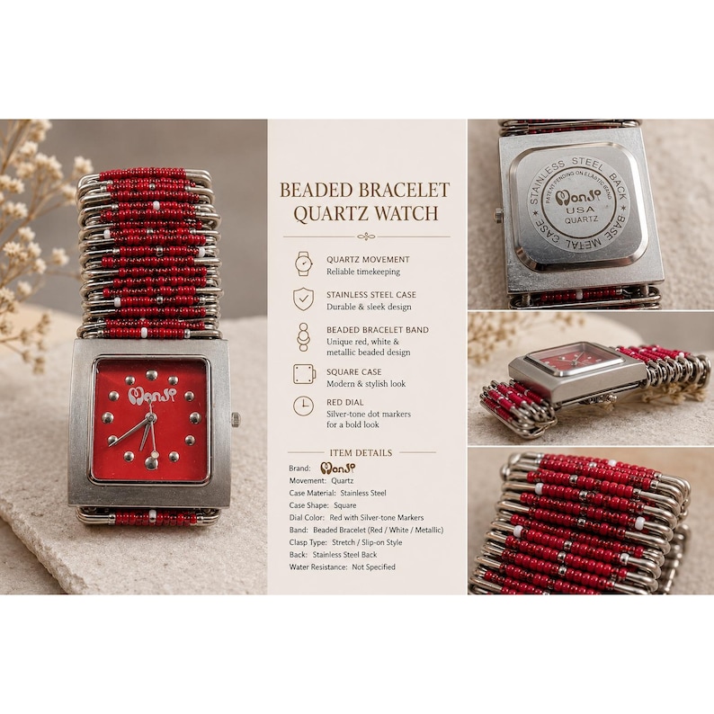 Monji USA Quartz Watch Red Dial Safety Pin Beaded Elastic Stretch Band Punk Sty image 1