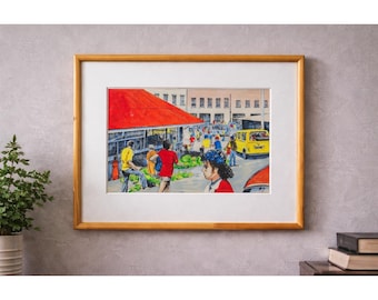 J Browne 1991 Signed Original Street Market Scene Framed Art Illustration 21x17