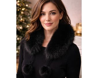 Valerie Stevens Schwarz Echt Fuchs Pelzkragen Seidenfutter Pom Pom Krawatten Schal