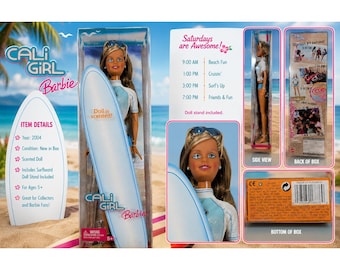 Mattel Cali Girl Barbie-Puppe 2004 Scented mit Surfbrett und Ständer G8663 NIB