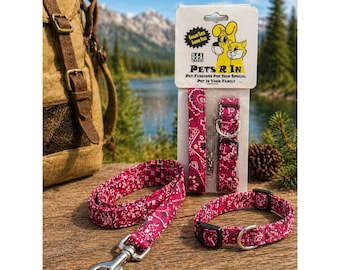 Conjunto de collar y correa para perro Vtg Pets R In Red Bandana Paisley, fabricado en EE. UU., 10-16 pulgadas.