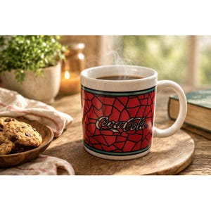 May include: A red and white Coca-Cola mug filled with coffee sits on a wooden surface. The mug features a mosaic-like design and the Coca-Cola logo. Steam rises from the coffee. Chocolate chip cookies are in a wooden bowl.