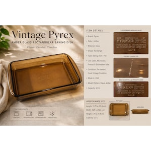 May include: Vintage Pyrex amber glass rectangular baking dish. The rectangular dish is amber-colored and made of glass. It is oven, microwave, freezer, and dishwasher safe. The dish measures 11.25 inches long, 7.25 inches wide, and 1.75 inches high.