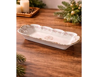 Bandeja para apio Theodore Haviland Limoges Francia Rosas Rosas Borde festoneado Dorado 30 cm