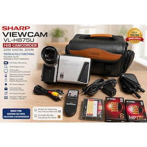 May include: A silver Sharp Viewcam VL-H875U Hi8 camcorder with a black carrying case, remote control, AC power adapter, A/V cable, shoulder strap, and two TDK Hi8 tapes. The camcorder features 220x digital zoom and an LCD screen. Text on the image includes Sharp Viewcam VL-H875U Hi8 Camcorder, 220x Digital Zoom, and TDK Hi8.