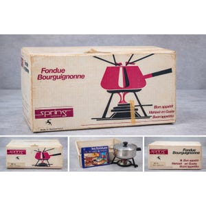 May include: A vintage fondue set in its original box. The box is beige with a red and black illustration of a fondue pot and the words "Fondue Bourguignonne". The brand name "spring" is also visible. The box includes the words "Bon appétit" and "Made in Switzerland".