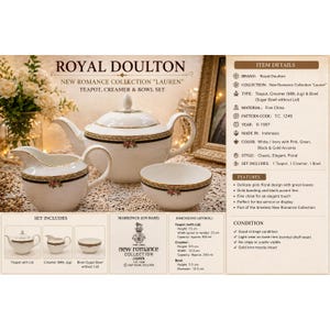 May include: Royal Doulton New Romance Collection "Lauren" tea set. Includes a teapot (15 cm high), creamer, and bowl. Features white/ivory fine china with pink floral, gold, and black accents. Classic, elegant, and floral design.