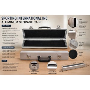 May include: A silver aluminum storage case by Sporting International Inc. featuring a black textured handle, two locking latches with keys, and black felt interior padding. The exterior measures 22 3/4 inches long, 3 3/8 inches wide, and 2 3/8 inches high.