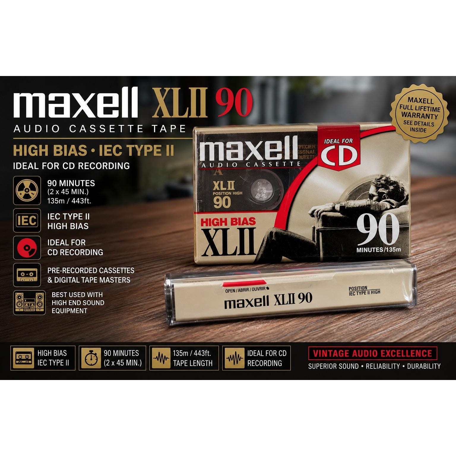 Maxell XLII 90 High Bias Audio Cassette Tape 90 Minute Type II