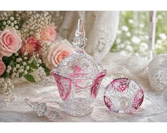 Portagioie vintage in cristallo color mirtillo con taglio a flash e coperchio decorato con motivo a stella.