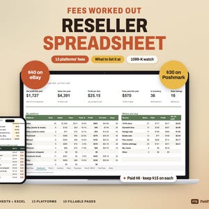 May include: A digital reseller spreadsheet displayed on a laptop and smartphone screen. The interface features tables for tracking platform fees, sales, and profits. Text includes FEES WORKED OUT, RESELLER SPREADSHEET, 13 platforms' fees, and 1099-K watch.