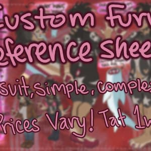 Op de afbeelding: Roze tekst op een rode achtergrond leest "Custom furry Reference sheets" en "fursuit, simple, complex!". De afbeelding toont cartoonfiguren. De tekst bevat ook "Prices Vary! Tat 1wk!"