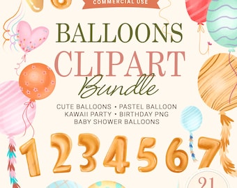Colorful Balloons & Cute Numbers Balloons Clipart for Happy Birthday and Party Celebration Designs. Digital Party supplies clipart png images