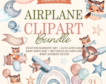 Vintage Airplane Clipart Bundle, Watercolor Aviation PNG,Travel Clipart Animals Traveling, Airplane watercolor clipart set, Baby bear pilot