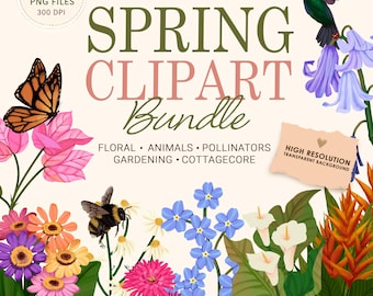 spring clipart bundle, Floral Illustrations, Soft happy Spring,Animals, pollinators, Gardening and Rustic Aesthetic Graphics, Cottagecore