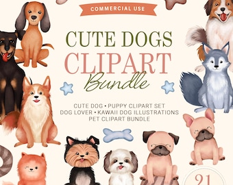 Watercolor Dog Breeds Clipart: Birthday Party PNG Bundle, Mixed Dog Breeds, Animal Kawaii Cartoon DogCard Making POD Papercraft Art Images