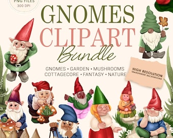 garden gnomes clipart bundle, Cute Garden Gnomes, Downloadable Gnome PNG Clipart, Rustic Cottage core Art, Spring Garden Clipart,Collection