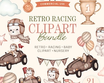 Retro Racing Animals Clipart, Racing Car Sage Browm Clipart PNG, Sage Race Car Clipart Watercolor, First Lap Birthday Party, Baby Driver