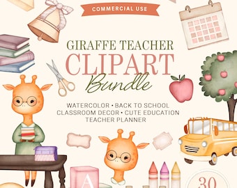 Watercolor Back to School Clipart Set, Watercolor Little School Life Clipart Bundle, Back to School Clipart, Cute Animals Clipart, Learning.