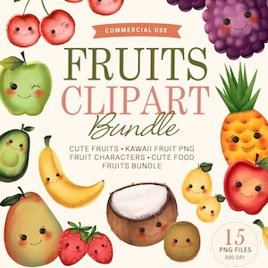 Pode incluir: Uma coleção digital de ilustrações de frutas com cerejas, amoras, uma maçã verde, abacaxi, abacate, banana, coco, pera, morangos e limões. Cada fruta tem um rosto sorridente. O texto diz FRUITS CLIPART Bundle.