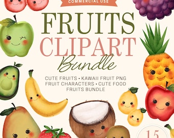 Kawaii Fruit Clipart Bundle,Summer Fruits,Cute Kawaii Png,Adorable Kawaii Fruit Illustrations,Kids Crafts,Scrapbooking,Fruit Characters