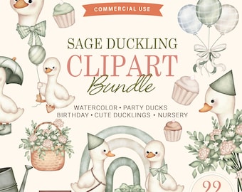 Watercolor Goose Clipart,Silly Goose Clipart Bundle,Sage Green Baby Shower,Nursery Art,Coquette Goose Party Decor for Invitations, Animal,
