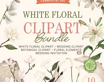 Delicate Botanical Watercolor Clipart,White Wedding Clipart,White Watercolor Florals Clipart,Neutral Greenery,Soft Floral PNG Elements