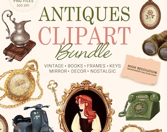 antiques clipart bundle, Retro Clock PNG, Antique Books & Lamp Clipart, Planner Girl PNG, Cottagecore, Vintage Cozy Cottage core PNG,