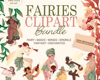 Watercolor Fairies Clipart Bundle, Cute Fairy PNG Graphics for Sublimation, Fantasy Woodland Aesthetic, Magical Storybook Clipart