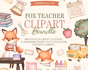 Back to School Clipart Pastel,Back to School Animal Clipart.Watercolor Back to School,Classroom Illustrations,Teacher PNG,First DayEducation
