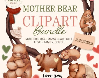 Mother’s Day PNG, Mummy Bear & Baby Bear, Mothers Day Bear Clipart Set, Cute Bear Illustration, Love You Beary Much, Mama Clipart, Card Idea