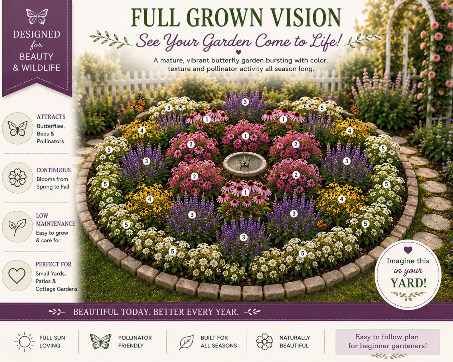 Buterfly Layout Beginner Butterfly Garden Plan PDF | Pollinator Garden Layout | Cottage ...