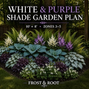 May include: A garden plan titled WHITE & PURPLE SHADE GARDEN PLAN 10' x 8' ZONES 3-5 featuring a variety of shade-loving plants including white and purple astilbe, hostas, ferns, and bleeding hearts, with the text FROST & ROOT at the bottom.