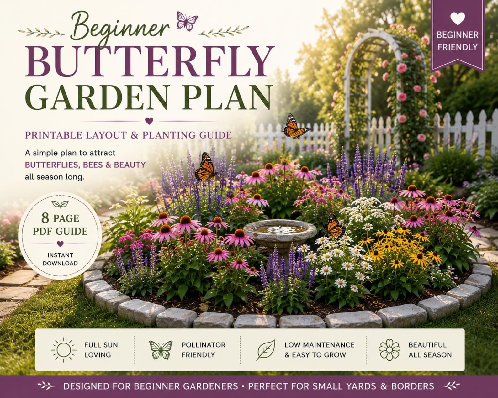 Buterfly Layout Beginner Butterfly Garden Plan PDF | Pollinator Garden Layout | Cottage ...
